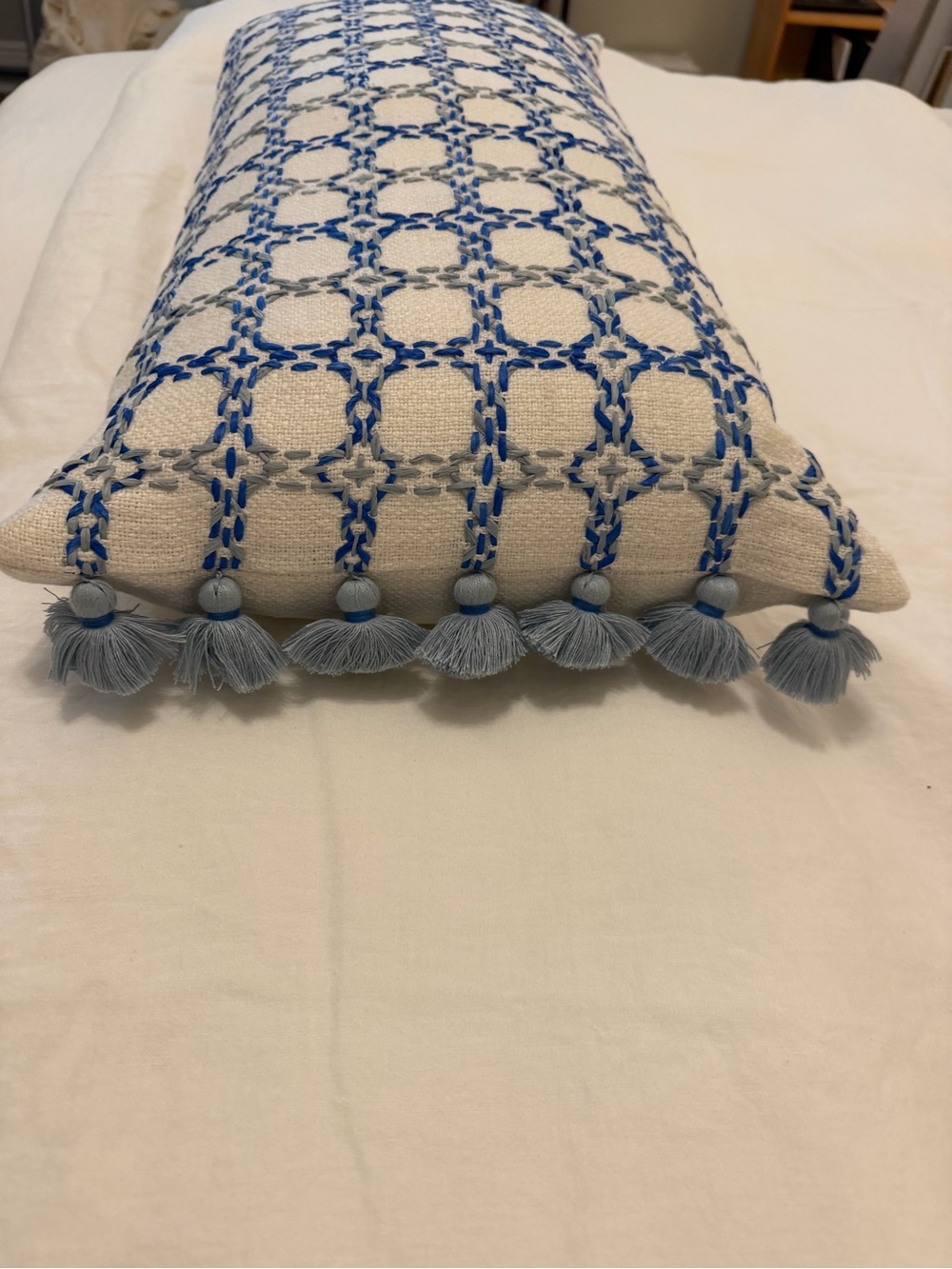 Serena & Lily Blue and White Geometric Embroidered Lumbar Pillow - Picture 2 of 5